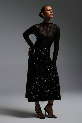 SEQUINNED MAXI SKIRT - BLACK